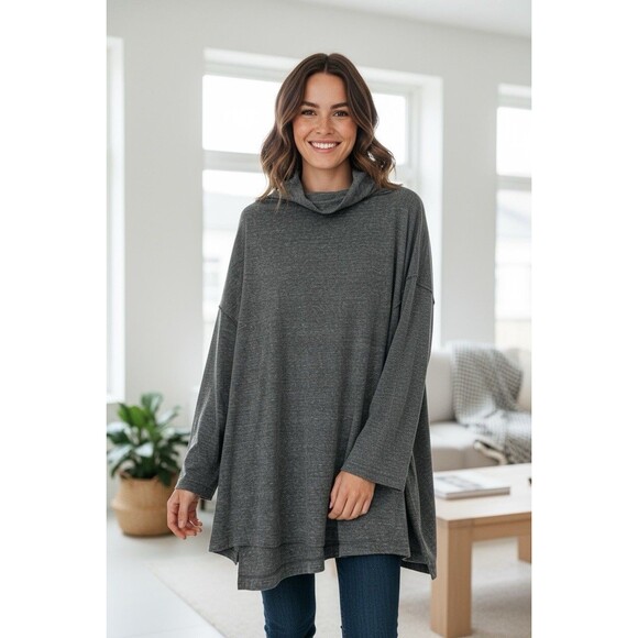 Free People Gray Boho Bella Vista Thermal Oversized Long Sleeve Tunic Top Size L - Picture 1 of 8